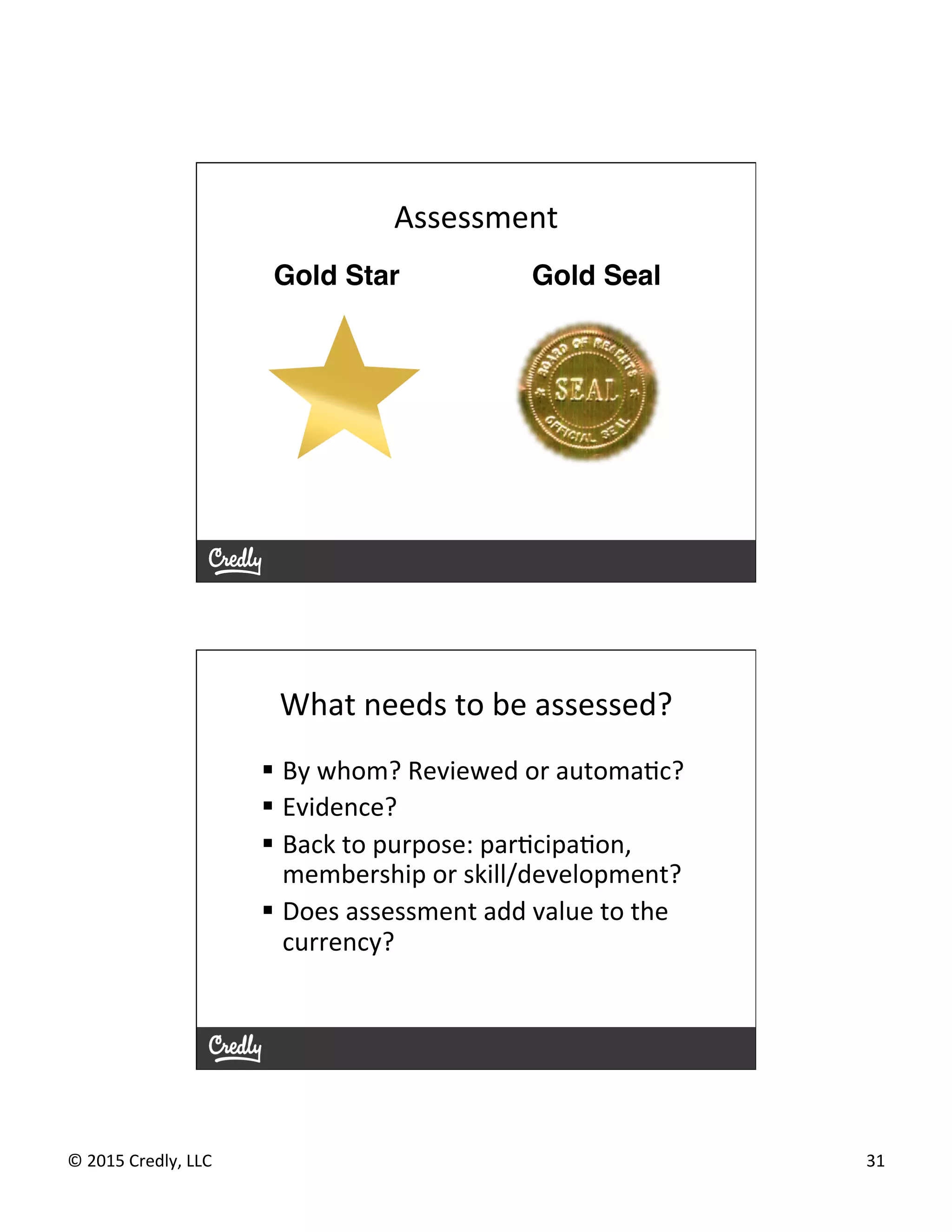 ©	
  2015	
  Credly,	
  LLC	
   31	
  
Gold Star Gold Seal!
Assessment	
  
What	
  needs	
  to	
  be	
  assessed?	
  
§  By	
  whom?	
  Reviewed	
  or	
  automaGc?	
  
§  Evidence?	
  
§  Back	
  to	
  purpose:	
  parGcipaGon,	
  
membership	
  or	
  skill/development?	
  
§  Does	
  assessment	
  add	
  value	
  to	
  the	
  
currency?	
  
	
  
 