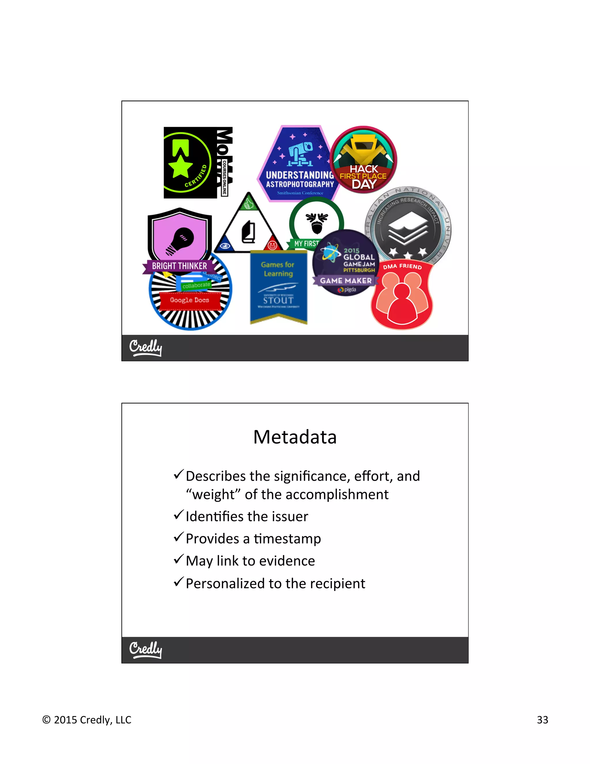 ©	
  2015	
  Credly,	
  LLC	
   33	
  
Metadata	
  
ü Describes	
  the	
  signiﬁcance,	
  eﬀort,	
  and	
  
“weight”	
  of	
  the	
  accomplishment	
  
ü IdenGﬁes	
  the	
  issuer	
  
ü Provides	
  a	
  Gmestamp	
  
ü May	
  link	
  to	
  evidence	
  
ü Personalized	
  to	
  the	
  recipient	
  
 