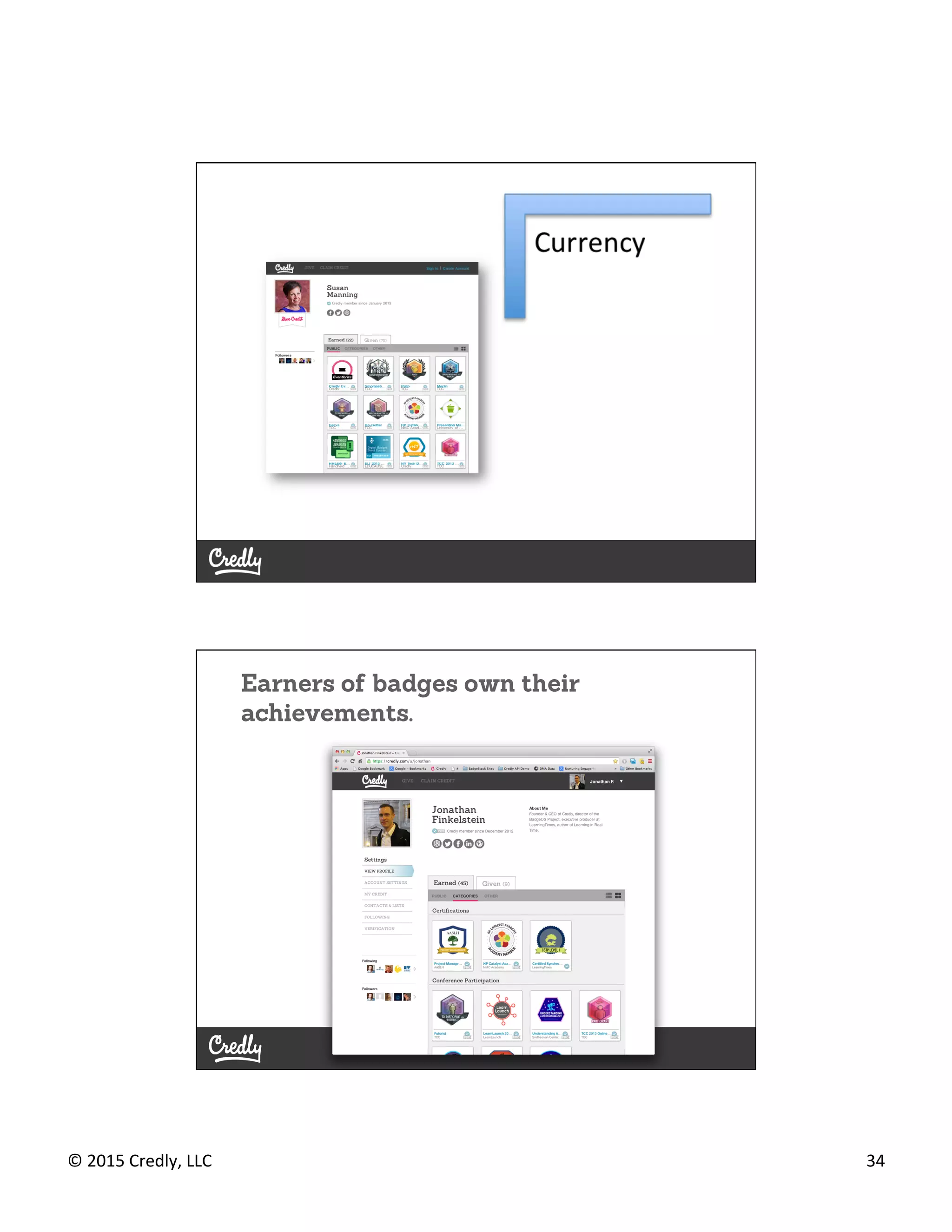 ©	
  2015	
  Credly,	
  LLC	
   34	
  
Earners of badges own their
achievements.
 