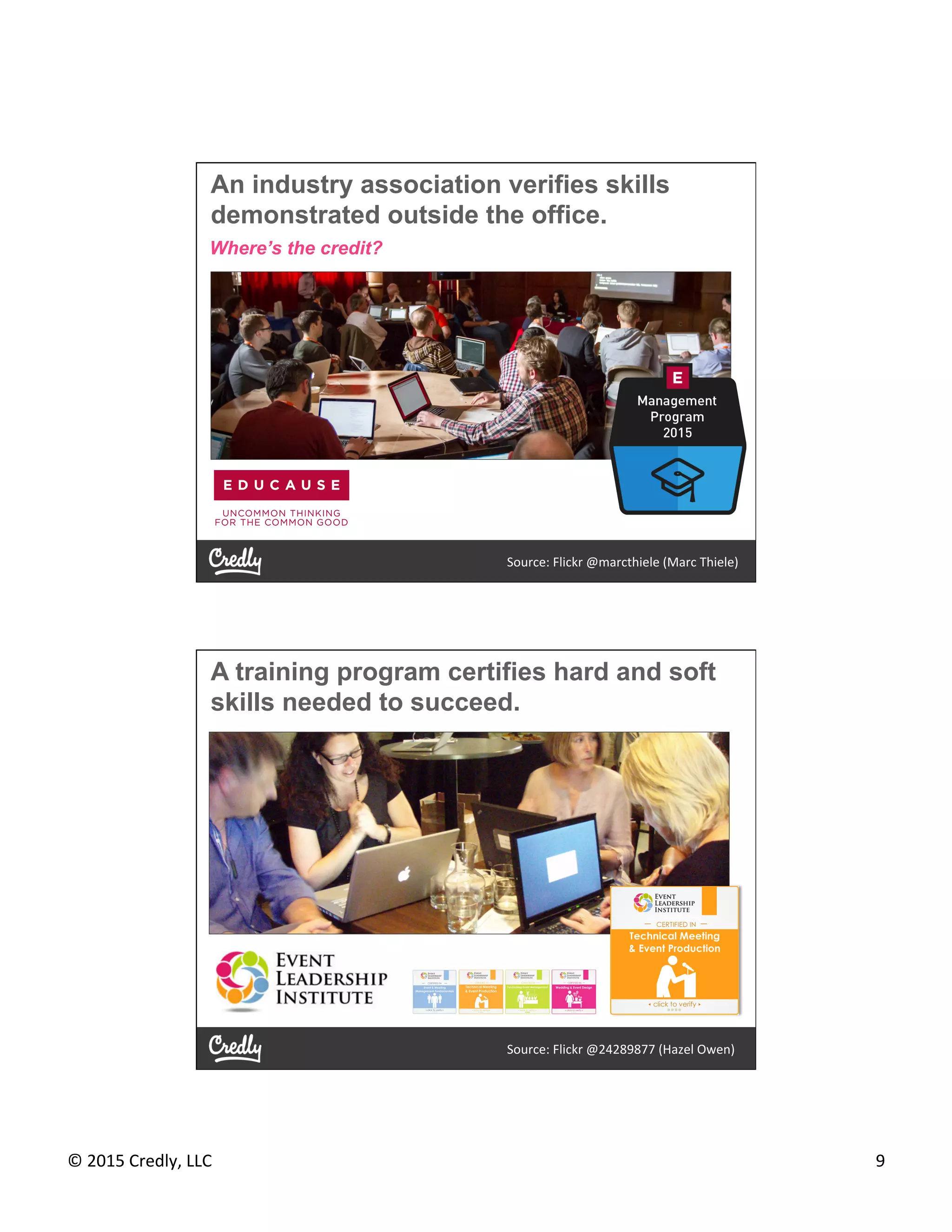 ©	
  2015	
  Credly,	
  LLC	
   9	
  
An industry association verifies skills
demonstrated outside the office.
Where’s the credit?
Source:	
  Flickr	
  @marcthiele	
  (Marc	
  Thiele)	
  
A training program certifies hard and soft
skills needed to succeed.
Source:	
  Flickr	
  @24289877	
  (Hazel	
  Owen)	
  
 