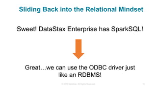 Sweet! DataStax Enterprise has SparkSQL!
© 2015 DataStax, All Rights Reserved. 15
Great…we can use the ODBC driver just
like an RDBMS!
Sliding Back into the Relational Mindset
 