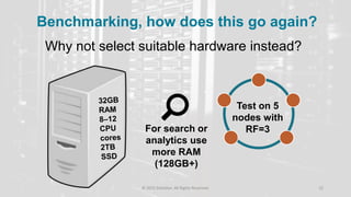 © 2015 DataStax, All Rights Reserved. 22
Benchmarking, how does this go again?
Why not select suitable hardware instead?
Test on 5
nodes with
RF=3For search or
analytics use
more RAM
(128GB+)
 