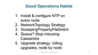 © 2015 DataStax, All Rights Reserved. 42
Good Operations Habits
1. Install & configure NTP on
every node
2. NetworkTopology Strategy
3. GossipingPropertyFileSnitch
4. Queue? Stop misusing
Cassandra
5. Upgrade strategy: rolling
upgrades, node by node
 