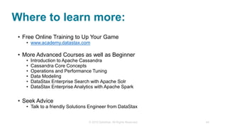 • Free Online Training to Up Your Game
• www.academy.datastax.com
• More Advanced Courses as well as Beginner
• Introduction to Apache Cassandra
• Cassandra Core Concepts
• Operations and Performance Tuning
• Data Modeling
• DataStax Enterprise Search with Apache Solr
• DataStax Enterprise Analytics with Apache Spark
• Seek Advice
• Talk to a friendly Solutions Engineer from DataStax
© 2015 DataStax, All Rights Reserved. 44
Where to learn more:
 