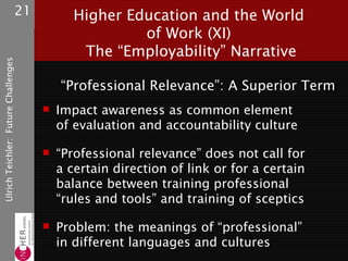 21          Higher Education and the World
                                                          of Work (XI)
                                                  The “Employability” Narrative
Ulrich Teichler: Future Challenges




                                              “Professional Relevance”: A Superior Term
                                             Impact awareness as common element
                                              of evaluation and accountability culture

                                             “Professional relevance” does not call for
                                              a certain direction of link or for a certain
                                              balance between training professional
                                              “rules and tools” and training of sceptics

                                             Problem: the meanings of “professional”
                                              in different languages and cultures
 