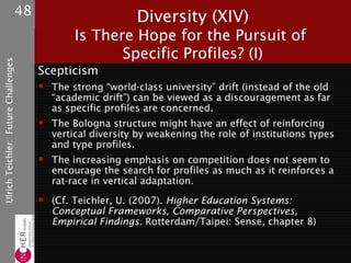 48                         Diversity (XIV)
                                                   Is There Hope for the Pursuit of
                                                          Specific Profiles? (I)
Ulrich Teichler: Future Challenges




                                          Scepticism
                                             The strong “world-class university” drift (instead of the old
                                              “academic drift”) can be viewed as a discouragement as far
                                              as specific profiles are concerned.
                                             The Bologna structure might have an effect of reinforcing
                                              vertical diversity by weakening the role of institutions types
                                              and type profiles.
                                             The increasing emphasis on competition does not seem to
                                              encourage the search for profiles as much as it reinforces a
                                              rat-race in vertical adaptation.

                                             (Cf. Teichler, U. (2007). Higher Education Systems:
                                              Conceptual Frameworks, Comparative Perspectives,
                                              Empirical Findings. Rotterdam/Taipei: Sense, chapter 8)
 