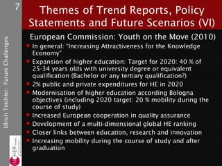 7     Themes of Trend Reports, Policy
                                         Statements and Future Scenarios (VI)
                                          European Commission: Youth on the Move (2010)
Ulrich Teichler: Future Challenges




                                          In general: “Increasing Attractiveness for the Knowledge
                                             Economy”
                                            Expansion of higher education: Target for 2020: 40 % of
                                             25-34 years olds with university degree or equivalent
                                             qualification (Bachelor or any tertiary qualification?)
                                            2% public and private expenditures for HE in 2020
                                            Modernisation of higher education according Bologna
                                             objectives (including 2020 target: 20 % mobility during the
                                             course of study)
                                            Increased European cooperation in quality assurance
                                            Development of a multi-dimensional global HE ranking
                                            Closer links between education, research and innovation
                                            Increasing mobility during the course of study and after
                                             graduation
 