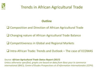 Trends in African Agricultural Trade
 Composition and Direction of African Agricultural Trade
 Changing nature of African Agricultural Trade Balance
 Competitiveness in Global and Regional Markets
 Intra-African Trade: Trends and Outlook – The case of ECOWAS
Outline
Source: African Agricultural Trade Status Report (2017)
Unless otherwise specified, graphs are based on data from Base pour le commerce
international (BACI), Centre d’Etudes Prospectives et d’Information Internationales (CEPII).
 
