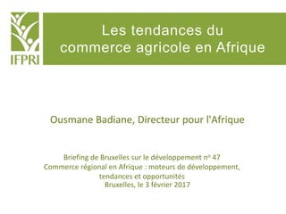Les tendances du
commerce agricole en Afrique
Briefing de Bruxelles sur le développement no 47
Commerce régional en Afrique : moteurs de développement,
tendances et opportunités
Ousmane Badiane, Directeur pour l'Afrique
Bruxelles, le 3 février 2017
 