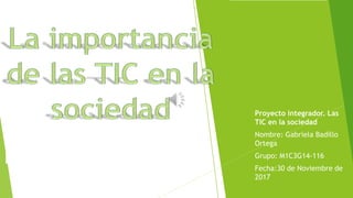 Proyecto integrador. Las
TIC en la sociedad
Nombre: Gabriela Badillo
Ortega
Grupo: M1C3G14-116
Fecha:30 de Noviembre de
2017
 