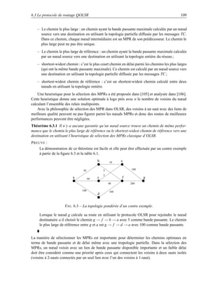 6.3 Le protocole de routage QOLSR                                                              109


   – Le chemin le plus large : un chemin ayant la bande passante maximale calculée par un nœud
     source vers une destination en utilisant la topologie partielle diffusée par les messages TC.
     Dans ce chemin, chaque nœud intermédiaire est un MPR de son prédécesseur. Le chemin le
     plus large peut ne pas être unique.
   – Le chemin le plus large de référence : un chemin ayant la bande passante maximale calculée
     par un nœud source vers une destination en utilisant la topologie entière du réseau ;
   – shortest-widest chemin : c’est le plus court chemin en délai parmi les chemins les plus larges
     (qui ont la même bande passante maximale). Ce chemin est calculé par un nœud source vers
     une destination en utilisant la topologie partielle diffusée par les messages TC ;
   – shortest-widest chemin de référence : c’est un shortest-widest chemin calculé entre deux
     nœuds en utilisant la topologie entière.
    Une heuristique pour la sélection des MPRs a été proposée dans [105] et analysée dans [106].
Cette heuristique donne une solution optimale à logn près avec n le nombre de voisins du nœud
calculant l’ensemble des relais multipoints.
    Avec la philosophie de sélection des MPR dans OLSR, des voisins à un saut avec des liens de
meilleure qualité peuvent ne pas ﬁgurer parmi les nœuds MPRs et donc des routes de meilleures
performances peuvent être négligées.
Théorème 6.3.1 Il n’y a aucune garantie qu’un nœud source trouve un chemin de même perfor-
mance que le chemin le plus large de référence ou le shortest-widest chemin de référence vers une
destination en utilisant l’heuristique de sélection des MPRs classique d’OLSR.
P REUVE :
     La démonstration de ce théorème est facile et elle peut être effectuée par un contre exemple
     à partir de la ﬁgure 6.3 et la table 6.1.
                                          b       10    e

                                30            5                100

                                              5
                          a          60   c              f             g
                                                  40          200

                               100                100
                                          d


                     F IG . 6.3 – La topologie pondérée d’un contre exemple.

     Lorsque le nœud g calcule sa route en utilisant le protocole OLSR pour rejoindre le nœud
     destinataire a il choisit le chemin g → f → b → a avec 5 comme bande passante. Le chemin
     le plus large de référence entre g et a est g → f → d → a avec 100 comme bande passante.


La manière de sélectionner les MPRs est importante pour déterminer les chemins optimaux en
terme de bande passante et de délai même avec une tropologie partielle. Dans la sélection des
MPRs, un nœud voisin avec un lien de bande passante disponible importante et un faible délai
doit être considéré comme une priorité après ceux qui connectent les voisins à deux sauts isolés
(voisins à 2-sauts connectés par un seul lien avec l’un des voisins à 1-saut).
 