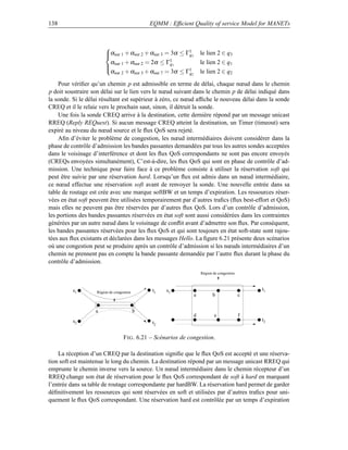 138                                            EQMM : Efﬁcient Quality of service Model for MANETs



                        αsur 1 + αsur 2 + αsur 3 = 3α ≤ Γ13
                        
                                                         q         le lien 2 ∈ q3
                         α      + αsur 2 = 2α ≤ Γq11                le lien 2 ∈ q1
                         sur 1
                         αsur 2 + αsur 3 + αsur 7 = 3α ≤ Γ12        le lien 2 ∈ q2
                        
                                                          q

    Pour vériﬁer qu’un chemin p est admissible en terme de délai, chaque nœud dans le chemin
p doit soustraire son délai sur le lien vers le nœud suivant dans le chemin p de délai indiqué dans
la sonde. Si le délai résultant est supérieur à zéro, ce nœud afﬁche le nouveau délai dans la sonde
CREQ et il le relaie vers le prochain saut, sinon, il détruit la sonde.
    Une fois la sonde CREQ arrive à la destination, cette dernière répond par un message unicast
RREQ (Reply REQuest). Si aucun message CREQ atteint la destination, un Timer (timeout) sera
expiré au niveau du nœud source et le ﬂux QoS sera rejeté.
    Aﬁn d’éviter le problème de congestion, les nœud intermédiaires doivent considérer dans la
phase de contrôle d’admission les bandes passantes demandées par tous les autres sondes acceptées
dans le voisinage d’interférence et dont les ﬂux QoS correspondants ne sont pas encore envoyés
(CREQs envoyées simultanément), C’est-à-dire, les ﬂux QoS qui sont en phase de contrôle d’ad-
mission. Une technique pour faire face à ce problème consiste à utiliser la réservation soft qui
peut être suivie par une réservation hard. Lorsqu’un ﬂux est admis dans un nœud intermédiaire,
ce nœud effectue une réservation soft avant de renvoyer la sonde. Une nouvelle entrée dans sa
table de routage est crée avec une marque softBW et un temps d’expiration. Les ressources réser-
vées en état soft peuvent être utilisées temporairement par d’autres traﬁcs (ﬂux best-effort et QoS)
mais elles ne peuvent pas être réservées par d’autres ﬂux QoS. Lors d’un contrôle d’admission,
les portions des bandes passantes réservées en état soft sont aussi considérées dans les contraintes
générées par un autre nœud dans le voisinage de conﬂit avant d’admettre son ﬂux. Par conséquent,
les bandes passantes réservées pour les ﬂux QoS et qui sont toujours en état soft-state sont rajou-
tées aux ﬂux existants et déclarées dans les messages Hello. La ﬁgure 6.21 présente deux scénarios
où une congestion peut se produire après un contrôle d’admission si les nœuds intermédiaires d’un
chemin ne prennent pas en compte la bande passante demandée par l’autre ﬂux durant la phase du
contrôle d’admission.
                                                                    Région de congestion



          s1                                    t1   s1                                        t1
                    Région de congestion
                                                                a          b               c


                   a                       b
                                                                d          e               f
          s2                                                                                   t2
                                                t2

                                   F IG . 6.21 – Scénarios de congestion.

    La réception d’un CREQ par la destination signiﬁe que le ﬂux QoS est accepté et une réserva-
tion soft est maintenue le long du chemin. La destination répond par un message unicast RREQ qui
emprunte le chemin inverse vers la source. Un nœud intermédiaire dans le chemin récepteur d’un
RREQ change son état de réservation pour le ﬂux QoS correspondant de soft à hard en marquant
l’entrée dans sa table de routage correspondante par hardBW. La réservation hard permet de garder
déﬁnitivement les ressources qui sont réservées en soft et utilisées par d’autres traﬁcs pour uni-
quement le ﬂux QoS correspondant. Une réservation hard est contrôlée par un temps d’expiration
 