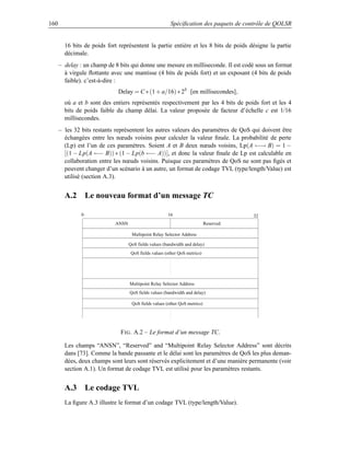 160                                                     Spéciﬁcation des paquets de contrôle de QOLSR


        16 bits de poids fort représentent la partie entière et les 8 bits de poids désigne la partie
        décimale.
      – delay : un champ de 8 bits qui donne une mesure en milliseconde. Il est codé sous un format
        à virgule ﬂottante avec une mantisse (4 bits de poids fort) et un exposant (4 bits de poids
        faible). c’est-à-dire :
                              Delay = C ∗ (1 + a/16) ∗ 2b [en millisecondes],
        où a et b sont des entiers représentés respectivement par les 4 bits de poids fort et les 4
        bits de poids faible du champ délai. La valeur proposée de facteur d’échelle c est 1/16
        millisecondes.
      – les 32 bits restants représentent les autres valeurs des paramètres de QoS qui doivent être
        échangées entre les nœuds voisins pour calculer la valeur ﬁnale. La probabilité de perte
        (Lp) est l’un de ces paramètres. Soient A et B deux nœuds voisins, Lp(A ←→ B) = 1 −
        [(1 − Lp(A ←− B)) ∗ (1 − Lp(b ←− A))], et donc la valeur ﬁnale de Lp est calculable en
        collaboration entre les nœuds voisins. Puisque ces paramètres de QoS ne sont pas ﬁgés et
        peuvent changer d’un scénario à un autre, un format de codage TVL (type/length/Value) est
        utilisé (section A.3).


        A.2 Le nouveau format d’un message TC

               0                                       16                              32
                            ANSN                                            Reserved

                                    Multipoint Relay Selector Address

                                   QoS fields values (bandwidth and delay)
                                    QoS fields values (other QoS metrics)




                                   Multipoint Relay Selector Address
                                   QoS fields values (bandwidth and delay)

                                    QoS fields values (other QoS metrics)




                               F IG . A.2 – Le format d’un message TC.

        Les champs “ANSN”, “Reserved” and “Multipoint Relay Selector Address” sont décrits
        dans [73]. Comme la bande passante et le délai sont les paramètres de QoS les plus deman-
        dées, deux champs sont leurs sont réservés explicitement et d’une manière permanente (voir
        section A.1). Un format de codage TVL est utilisé pour les paramètres restants.


        A.3 Le codage TVL
        La ﬁgure A.3 illustre le format d’un codage TVL (type/length/Value).
 