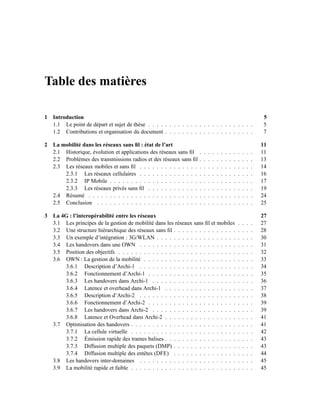 Table des matières

1   Introduction                                                                                                           5
    1.1 Le point de départ et sujet de thèse . . . . . . . . . . . . . . . . . . . . . . . . .                             5
    1.2 Contributions et organisation du document . . . . . . . . . . . . . . . . . . . . .                                7

2   La mobilité dans les réseaux sans ﬁl : état de l’art                                                                  11
    2.1 Historique, évolution et applications des réseaux sans ﬁl     .   .   .   .   .   .   .   .   .   .   .   .   .   11
    2.2 Problèmes des transmissions radios et des réseaux sans ﬁl     .   .   .   .   .   .   .   .   .   .   .   .   .   13
    2.3 Les réseaux mobiles et sans ﬁl . . . . . . . . . . . . . .    .   .   .   .   .   .   .   .   .   .   .   .   .   14
        2.3.1 Les réseaux cellulaires . . . . . . . . . . . . . .     .   .   .   .   .   .   .   .   .   .   .   .   .   16
        2.3.2 IP Mobile . . . . . . . . . . . . . . . . . . . . .     .   .   .   .   .   .   .   .   .   .   .   .   .   17
        2.3.3 Les réseaux privés sans ﬁl . . . . . . . . . . . .      .   .   .   .   .   .   .   .   .   .   .   .   .   19
    2.4 Résumé . . . . . . . . . . . . . . . . . . . . . . . . . .    .   .   .   .   .   .   .   .   .   .   .   .   .   24
    2.5 Conclusion . . . . . . . . . . . . . . . . . . . . . . . .    .   .   .   .   .   .   .   .   .   .   .   .   .   25

3   La 4G : l’interopérabilité entre les réseaux                                                                          27
    3.1 Les principes de la gestion de mobilité dans les réseaux sans ﬁl et mobiles                       .   .   .   .   27
    3.2 Une structure hiérarchique des réseaux sans ﬁl . . . . . . . . . . . . . . .                      .   .   .   .   28
    3.3 Un exemple d’intégration : 3G/WLAN . . . . . . . . . . . . . . . . . . .                          .   .   .   .   30
    3.4 Les handovers dans une OWN . . . . . . . . . . . . . . . . . . . . . . .                          .   .   .   .   31
    3.5 Position des objectifs . . . . . . . . . . . . . . . . . . . . . . . . . . . .                    .   .   .   .   32
    3.6 OWN : La gestion de la mobilité . . . . . . . . . . . . . . . . . . . . . .                       .   .   .   .   33
        3.6.1 Description d’Archi-1 . . . . . . . . . . . . . . . . . . . . . . .                         .   .   .   .   34
        3.6.2 Fonctionnement d’Archi-1 . . . . . . . . . . . . . . . . . . . . .                          .   .   .   .   35
        3.6.3 Les handovers dans Archi-1 . . . . . . . . . . . . . . . . . . . .                          .   .   .   .   36
        3.6.4 Latence et overhead dans Archi-1 . . . . . . . . . . . . . . . . .                          .   .   .   .   37
        3.6.5 Description d’Archi-2 . . . . . . . . . . . . . . . . . . . . . . .                         .   .   .   .   38
        3.6.6 Fonctionnement d’Archi-2 . . . . . . . . . . . . . . . . . . . . .                          .   .   .   .   39
        3.6.7 Les handovers dans Archi-2 . . . . . . . . . . . . . . . . . . . .                          .   .   .   .   39
        3.6.8 Latence et Overhead dans Archi-2 . . . . . . . . . . . . . . . . .                          .   .   .   .   41
    3.7 Optimisation des handovers . . . . . . . . . . . . . . . . . . . . . . . . .                      .   .   .   .   41
        3.7.1 La cellule virtuelle . . . . . . . . . . . . . . . . . . . . . . . . .                      .   .   .   .   42
        3.7.2 Émission rapide des trames balises . . . . . . . . . . . . . . . . .                        .   .   .   .   43
        3.7.3 Diffusion multiple des paquets (DMP) . . . . . . . . . . . . . . .                          .   .   .   .   43
        3.7.4 Diffusion multiple des entêtes (DFE) . . . . . . . . . . . . . . .                          .   .   .   .   44
    3.8 Les handovers inter-domaines . . . . . . . . . . . . . . . . . . . . . . .                        .   .   .   .   45
    3.9 La mobilité rapide et faible . . . . . . . . . . . . . . . . . . . . . . . . .                    .   .   .   .   45
 