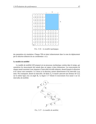 3.10 Évaluation des performances                                                                    47


                                                            X




                                                                               X




                              R


                                  F IG . 3.16 – Le modèle topologique.


des paramètres de simulation. Chaque TM est placé aléatoirement dans la zone de déplacement
par la sélection aléatoire de ses coordonnées x et y.


Le modèle de mobilité

     Le modèle de mobilité [42] proposé est un processus stochastique continu dans le temps, qui
caractérise les mouvements des nœuds dans un espace à deux dimensions. Les mouvements de
chaque nœud consistent à une séquence d’intervalles de taille aléatoire, durant lesquels la direction
et la vitesse sont constantes. La vitesse et la direction varient aléatoirement d’un intervalle à un
autre. Par conséquent, durant un intervalle i de durée Tni , le nœud n parcourt une distance de Vni Tni
sur la même ligne avec un angle θn . La ﬁgure 3.17 illustre le mouvement d’un nœud n sur six
                                     i

intervalles de mobilité.

                                                 θ6
                                           6
                                          Rn

                                      n          R5
                                                  n

                                            θ5

                                                      θ3
                                                                      2
                                                 R4        R3        Rn
                                                  n         n
                                                                θ4        θ2

                                                                      1
                                                                     Rn
                                                           θ1
                                                  n

                                  F IG . 3.17 – Le modèle de mobilité.
 