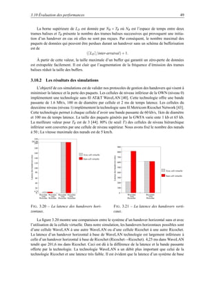 3.10 Évaluation des performances                                                                                                                                                                                                                                                                                                49


    La borne supérieure de LD est donnée par NB × TB où NB est l’espace de temps entre deux
trames balises et TB présente le nombre des trames balises successives qui provoquent une initia-
tion d’un handover en cas où elles ne sont pas reçues. Par conséquent, le nombre maximal des
paquets de données qui peuvent être perdues durant un handover sans un schéma de bufferisation
est de
                                    ( LD /inter-arraival) + 1.
    À partir de cette valeur, la taille maximale d’un buffer qui garantit un zéro-perte de données
est extrapolée facilement. Il est clair que l’augmentation de la fréquence d’émission des trames
balises réduit la taille des buffers.

3.10.2 Les résultats des simulations
    L’objectif de ces simulations est de valider nos protocoles de gestion des handovers qui visent à
minimiser la latence et la perte des paquets. Les cellules de niveau inférieur de la OWN (niveau 0)
implémentent une technologie sans ﬁl ATT WaveLAN [40]. Cette technologie offre une bande
passante de 1.6 Mb/s, 100 m de diamètre par cellule et 2 ms de temps latence. Les cellules du
deuxième niveau (niveau 1) implémentent la technologie sans ﬁl Metricom Ricochet Network [43].
Cette technologie permet à chaque cellule d’avoir une bande passante de 60 kb/s, 1km de diamètre
et 100 ms de temps latence. La taille des paquets générés par la GWFA varie ente 1 kb et 65 kb.
La meilleure valeur pour TB est de 3 [44]. 80% (le seuil T ) des cellules de niveau hiérarchique
inférieur sont couvertes par une cellule de niveau supérieur. Nous avons ﬁxé le nombre des nœuds
à 50 ; La vitesse maximale des nœuds est de 5 km/h.
          220                                                                                                                        ¡
                                                                                                                                     ¡ ¢ ¢ 
        201.06
                                                                                                                                 ¡ 
                                                                                                                             ¢ ¢¡  ¢¡¢
                                                                                                                                   ¡
                                                                                                                                 ¢¡ ¢
          200                                                                                                                ¡¢ ¢
                                                                                                                            ¢¡ 
                                                                                                                           ¡
                                                                                                                          ¢¡¢
                                                                                                                         ¡                                                                                  900
                             180                                                                                       ¢¡ ¢
                                                                                                                       ¡
                                                                                                                   ¢ ¢¡
                                                                                                                  ¢¡ ¢ ¡ ¡¢
                             160                                                                                ¢¡¢ ¢
                                                                                                              ¢¡ ¢
                                                                                                             ¡ ¢                                £¤¡£¤¡
                                                                                                                                                  ¡¡££
                                                                                                                                              £¤ £¤      Avec cell virtuelle
                                                                                                                                                                                                            800
Latence des handovers (ms)




                                                                                                             ¡
                                                                                                             ¡ 
                                                                                                         ¢ ¢¡¢
                                                                                                                                                                               Latence des handovers (ms)




                             140                                                                         ¡ ¢                                                                                                700
                                                                                                     ¡ 
                                                                                                    ¢¡¢ ¢¡ 
                                                                                                       ¡
                                                                                                      ¢¡¢                                                Sans cell virtuelle
                                                                                                                                                                                                                                                                                           §¨§©¨
                                                                                                                                                                                                                                                                                            ¨¨§§
                                                                                                                                                                                                                                                                                          ©¨§©
                             120                                                               ¡ ¢ ¡ ¢
                                                                                                   ¡
                                                                                                   ¡ 
                                                                                               ¢ ¢¡¢                                                                                                        600                                                                          §¨¨§
                                                                                                                                                                                                                                                                                      ©§©¨§©
                                                                                                                                                                                                                                                                                      ¨¨§§
                                                                                              ¢¡ 
                                                                                             ¡                                                                                                                                                                                      §©¨§©¨
                                                                                                                                                                                                                                                                                    ¨§©¨§
                                                                                                                                                                                                                                                                                  §©¨§©
                                                                                                                                                                                                                                                                                  ¨¨§
                             100                                                            ¢¡ ¢¢
                                                                                        ¢¢¡
                                                                                             ¡
                                                                                             ¡
                                                                                          ¡ ¢                                                                                                               500
                                                                                                                                                                                                                                                                            ©§©¨
                                                                                                                                                                                                                                                                            ¨¨§§
                                                                                                                                                                                                                                                                                §©¨§©
                                                                                                                                                                                                                                                                                ¨
                                                                                                                                                                                                                                                                                ¨¨§
                                                                                                                                                                                                                                                                               §¨§©                ¨
                                                                                                                                                                                                                                                                                                      ¨
                                                                                                                                                                                                                                                                                                        ¨
                             80
                                                                                    ¢ ¢¡
                                                                                   ¡¢ 
                                                                                  ¢¡¢  ¡¢                                                                                                                   400                                                           §©¨§©¨
                                                                                                                                                                                                                                                                          ¨§©¨§
                                                                                                                                                                                                                                                                        §©¨§©
                                                                                                                                                                                                                                                                        ¨¨§                                     Avec cell virtuelle

                                                                              ¢¡ ¡ 
                                                                                ¢¡¢
                                                                               ¡ ¢                                                                                                                                                                                ©§©¨§©¨§©
                                                                                                                                                                                                                                                                      ¨
                                                                                                                                                                                                                                                                      ¨¨§
                                                                                                                                                                                                                                                                     §¨§©                                       Sans cell virtuelle
                                                                             ¡¢
                                                                             ¡
                                                                             ¡ 
                                                                          ¢¢¡¢                                                                                                                              300                                                   ¨¨§
                             60                                          ¢¡
                                                                          ¡
                                                                       ¡ ¢ 
                                                                      ¢¡¢ 
                                                                     ¡¢                                                                                                                                                           ¨¨
                                                                                                                                                                                                                                    ¨¨
                                                                                                                                                                                                                               ¨¨                       §§©¨¨§§
                                                                                                                                                                                                                                                               ¨§ ¨§§©©
                                                                                                                                                                                                                                                                  ¨¨
                                                                                                                                                                                                                                                            §©©¨§©¨§
                             40                                     ¢¡ 
                                                                   ¡¢                                                                                                                                       200             ¨¨                         ¨©¨§
                                                                                                                                                                                                                                                        §©§©¨§©
                                                              ¡
                                                            ¢¡¢   ¡
                                                              ¢ ¡ ¢¡
                                                                  ¡¢                                                                                                                                        100
                                                                                                                                                                                                                            ¨¨
                                                                                                                                                                                                                          ¨¨
                                                                                                                                                                                                                          ¨¨
                                                                                                                                                                                                                        ¨
                                                                                                                                                                                                                        ¨¨                         §©¨§©¨§
                                                                                                                                                                                                                                                      §©¨¨§§
                                                                                                                                                                                                                                                    ¨§©¨§
                                                                                                                                                                                                                                                  §©¨§©¨
                                                                                                                                                                                                                                                  ¨§©
                             20                          ¢ ¢¡¢ ¢
                                                        ¢¡
                                                       ¡                                                                                                                                                            ¨¨
                                                                                                                                                                                                                        ¨
                                                                                                                                                                                                                    ¨¨                    ¨   ¨¨§
                                                                                                                                                                                                                                                 §¨§©
                                                                                                                                                                                                                                              ©§©¨
                             4.25
                               0
                                      ¡¡¥¦
                                    ¥¦ ¥¦                                                                                                                                                                    0    ¨
                                                                                                                                                                                                                  ¨
                                    Wavelan Wavelan Ricochet Ricochet                                                                                                                                                              Wavelan                                            Ricochet
                                     vers    vers     vers    vers                                                                                                                                                                   vers                                               vers
                                    Wavelan Wavelan Ricochet Ricochet                                                                                                                                                              Ricochet                                           Wavelan


F IG . 3.20 – La latence des handovers hori-                                                                                                                                   F IG . 3.21 – La latence des handovers verti-
zontaux.                                                                                                                                                                       caux.

     La ﬁgure 3.20 montre une comparaison entre le système d’un handover horizontal sans et avec
l’utilisation de la cellule virtuelle. Dans notre simulation, les handovers horizontaux possibles sont
d’une cellule WaveLAN à une autre WaveLAN ou d’une cellule Ricochet à une autre Ricochet.
La latence d’un handover horizontal à base de WaveLAN technologie est largement inférieure à
celle d’un handover horizontal à base de Ricochet (Ricochet→Ricochet). 4,25 ms dans WaveLAN
tendit que 201,6 ms dans Ricochet. Ceci est dû à la différence de la latence et la bande passante
offerte par la technologie. La technologie WaveLAN a un débit plus important que celui de la
technologie Ricochet et une latence très faible. Il est évident que la latence d’un système de base
 
