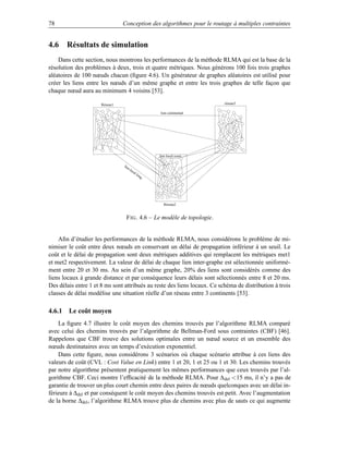 78                              Conception des algorithmes pour le routage à multiples contraintes


4.6 Résultats de simulation
    Dans cette section, nous montrons les performances de la méthode RLMA qui est la base de la
résolution des problèmes à deux, trois et quatre métriques. Nous générons 100 fois trois graphes
aléatoires de 100 nœuds chacun (ﬁgure 4.6). Un générateur de graphes aléatoires est utilisé pour
créer les liens entre les nœuds d’un même graphe et entre les trois graphes de telle façon que
chaque nœud aura au minimum 4 voisins [53].

                      Réseau1                                             réseau3

                                                     lien continental




                                                    lien local court

                                lie
                                   nl
                                      oc
                                        al
                                             lon
                                                g




                                                       Réseau2


                                  F IG . 4.6 – Le modèle de topologie.


    Aﬁn d’étudier les performances de la méthode RLMA, nous considérons le problème de mi-
nimiser le coût entre deux nœuds en conservant un délai de propagation inférieur à un seuil. Le
coût et le délai de propagation sont deux métriques additives qui remplacent les métriques met1
et met2 respectivement. La valeur de délai de chaque lien inter-graphe est sélectionnée uniformé-
ment entre 20 et 30 ms. Au sein d’un même graphe, 20% des liens sont considérés comme des
liens locaux à grande distance et par conséquence leurs délais sont sélectionnés entre 8 et 20 ms.
Des délais entre 1 et 8 ms sont attribués au reste des liens locaux. Ce schéma de distribution à trois
classes de délai modélise une situation réelle d’un réseau entre 3 continents [53].

4.6.1 Le coût moyen
    La ﬁgure 4.7 illustre le coût moyen des chemins trouvés par l’algorithme RLMA comparé
avec celui des chemins trouvés par l’algorithme de Bellman-Ford sous contraintes (CBF) [46].
Rappelons que CBF trouve des solutions optimales entre un nœud source et un ensemble des
nœuds destinataires avec un temps d’exécution exponentiel.
    Dans cette ﬁgure, nous considérons 3 scénarios où chaque scénario attribue à ces liens des
valeurs de coût (CVL : Cost Value en Link) entre 1 et 20, 1 et 25 ou 1 et 30. Les chemins trouvés
par notre algorithme présentent pratiquement les mêmes performances que ceux trouvés par l’al-
gorithme CBF. Ceci montre l’efﬁcacité de la méthode RLMA. Pour ∆ del 15 ms, il n’y a pas de
garantie de trouver un plus court chemin entre deux paires de nœuds quelconques avec un délai in-
férieure à ∆del et par conséquent le coût moyen des chemins trouvés est petit. Avec l’augmentation
de la borne ∆del , l’algorithme RLMA trouve plus de chemins avec plus de sauts ce qui augmente
 