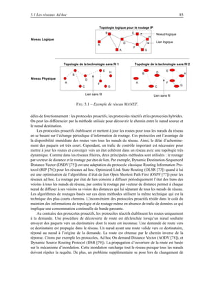 5.1 Les réseaux Ad hoc                                                                                            85


                                                  Topologie logique pour le routage IP
                                                           B               E                      Noeud logique
                                                                                            H
Niveau Logique
                                                                       D                          Lien logique
                                                 A
                                                                           F
                                                                   A                    G



                      Topologie de la technologie sans fil 1                   Topologie de la technologie sans fil 2

                                                       E       H                                          E
                                                                                    B             D                    H
                            B
Niveau Physique                        D
                       A                         F                             A                          F
                                   C                           G                                 C                G


                                       Lien sans fil                                            Lien sans fil

                                F IG . 5.1 – Exemple de réseau MANET.


dèles de fonctionnement : les protocoles proactifs, les protocoles réactifs et les protocoles hybrides.
On peut les différencier par la méthode utilisée pour découvrir le chemin entre le nœud source et
le nœud destination.
    Les protocoles proactifs établissent et mettent à jour les routes pour tous les nœuds du réseau
en se basant sur l’échange périodique d’information de routage. Ces protocoles ont l’avantage de
la disponibilité immédiate des routes vers tous les nœuds du réseau. Ainsi, le délai d’achemine-
ment des paquets est très court. Cependant, un traﬁc de contrôle important est nécessaire pour
mettre à jour les routes et converger vers un état cohérent dans un réseau avec une topologie très
dynamique. Comme dans les réseaux ﬁlaires, deux principales méthodes sont utilisées : le routage
par vecteur de distance et le routage par état de lien. Par exemple, Dynamic Destination-Sequenced
Distance-Vector (DSDV [75]) est une adaptation du protocole classique Routing Information Pro-
tocol (RIP [76]) pour les réseaux ad hoc. Optimized Link State Routing (OLSR [73]) quand à lui
est une optimisation de l’algorithme d’état de lien Open Shortest Path First (OSPF [77]) pour les
réseaux ad hoc. Le routage par état de lien consiste à diffuser périodiquement l’état des liens des
voisins à tous les nœuds de réseau, par contre le routage par vecteur de distance permet à chaque
nœud de diffuser à ses voisins sa vision des distances qui lui séparant de tous les nœuds de réseau.
Les algorithmes de routages basés sur ces deux méthodes utilisent la même technique qui est la
technique des plus courts chemins. L’inconvénient des protocoles proactifs réside dans le coût du
maintien des informations de topologie et de routage même en absence de traﬁc de données ce qui
implique une consommation continuelle de bande passante.
    Au contraire des protocoles proactifs, les protocoles réactifs établissent les routes uniquement
à la demande. Une procédure de découverte de route est déclenchée lorsqu’un nœud souhaite
envoyer des paquets vers un destinataire dont la route est inconnue. Une demande de route vers
ce destinataire est propagée dans le réseau. Un nœud ayant une route valide vers ce destinataire,
répond au nœud à l’origine de la demande. La route est obtenue par le chemin inverse de la
réponse. Citons par exemple les protocoles, Ad hoc On demand Distance Vector (AODV [78]), et
Dynamic Source Routing Protocol (DSR [79]). La propagation d’ouverture de la route est basée
sur le mécanisme d’inondation. Cette inondation surcharge tout le réseau puisque tous les nœuds
doivent répéter la requête. De plus, un problème supplémentaire se pose lors de changement de
 