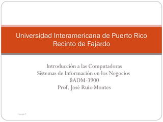 Introducción a las Computadoras Sistemas de Información en los Negocios  BADM-3900 Prof. Jos é Ruiz-Montes Universidad Interamericana de Puerto Rico Recinto de Fajardo Copyright ©  