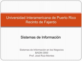 Sistemas de Información en los Negocios  BADM-3900 Prof. José Ruiz-Montes Universidad Interamericana de Puerto RicoRecinto de Fajardo Sistemas de Información  