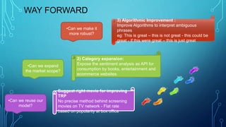WAY FORWARD
2) Category expansion:
Expose the sentiment analysis as API for
consumption by books, entertainment and
ecommerce websites
Suggest right movie for improving
TRP
No precise method behind screening
movies on TV network - Flat rate
based on popularity at box office
3) Algorithmic Improvement :
Improve Algorithms to interpret ambiguous
phrases
eg: This is great – this is not great - this could be
great - if this were great – this is just great
•Can we make it
more robust?
•Can we expand
the market scope?
•Can we reuse our
model?
 