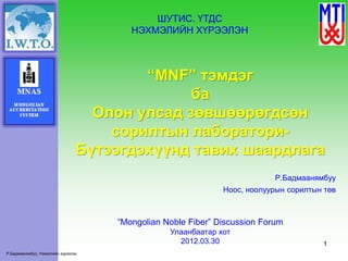 1
“MNF” тэмдэг
ба
Олон улсад зөвшөөрөгдсөн
сорилтын лаборатори-
Бүтээгдэхүүнд тавих шаардлага
Р.Бадмаанямбуу
Ноос, ноолуурын сорилтын төв
“Mongolian Noble Fiber” Discussion Forum
Улаанбаатар хот
2012.03.30
ШУТИС. ҮТДС
НЭХМЭЛИЙН ХҮРЭЭЛЭН
Р.Бадмаанямбуу, Нэхмэлийн хүрээлэн
 