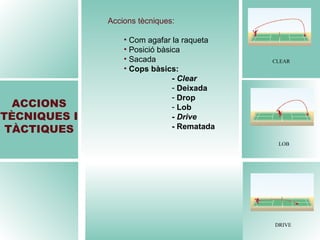 ACCIONS TÈCNIQUES I TÀCTIQUES Accions tècniques: Com agafar la raqueta Posició bàsica Sacada Cops bàsics: -  Clear Deixada Drop Lob -  Drive - Rematada CLEAR LOB DRIVE 