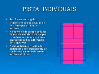 PISTA  INDIVIDUAIS Ten forma rectangular. Dimensións son de 13,40 m de lonxitude por 5,18 m de anchura. A superficie do campo pode ser de madeira ou sintética sempre e cando non sexa resbaladiza e asegure unha boa adherencia dos xogadores. As liñas deben ser fáciles de distinguir e preferentemente de cor branca ou amarela cunha anchura de 4 cm. 