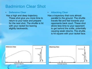 Badminton Clear Shot  <ul><li>Defensive Clear </li></ul><ul><li>Has a high and deep trajectory. These shot give you more t...