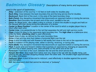 Badminton Glossary  Descriptions of many terms and expressions used in the sport of badminton .   <ul><li>Alley  - extensi...