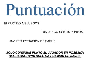 Puntuación El PARTIDO A 3 JUEGOS UN JUEGO SON 15 PUNTOS HAY RECUPERACIÓN DE SAQUE SOLO CONSIGUE PUNTO EL JUGADOR EN POSESION DEL SAQUE, SINO SOLO HAY CAMBIO DE SAQUE  