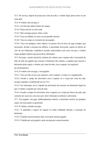 AGRUPAMENTO DE ESCOLAS DE PATAIAS

15.3. No serviço, depois de passar por cima da rede, o volante fique preso nesta ou em
cima dela.
15.4. O volante está em jogo e:
15.4.1. Cai fora das linhas limites do campo.
15.4.2. Passa através ou sob a rede.
15.4.3. Não consegue passar sobre a rede.
15.4.4. Toca no telhado, no tecto ou nas paredes laterais.
15.4.5. Toca no corpo ou vestuário de um jogador.
15.4.6. Toca em qualquer outro objecto ou pessoa fora da área de jogo (sempre que
necessário, devido à estrutura do edifício, a autoridade local pode, sujeito ao direito de
veto da sua Federação, estabelecer acordos relacionados com casos em que o volante
toque qualquer objecto que possa fazer obstrução).
15.5. Em jogo, o ponto inicial de contacto do volante com a raquete não é executado do
lado da rede do jogador que executa o batimento (No entanto, o jogador que executa o
batimento pode seguir o volante, por cima da rede, com a raquete, na sequência
de um batimento).
15.6. O volante está em jogo, e um jogador:
15.6.1. Toca na rede ou nos seus suportes, com a raquete, o corpo ou o equipamento.
15.6.2. Invade o campo do adversário com a raquete ou o corpo por cima da rede,
excepto segundo o estabelecido na Lei 15.5.
15.6.3. Faz obstrução, isto é, impede um adversário de executar um batimento legal em
que o volante é seguido por cima da rede.
15.6.4. Invada o campo do adversário com a raquete ou o corpo por baixo da rede, mas
somente nos casos de, com esse acto, fazer obstrução ou distrair o adversário.
15.7. Um jogador, em jogo, deliberadamente distrair o adversário através de qualquer
acção, tal como gritar ou gesticular.
15.8. O volante, estando em jogo:
15.8.1. É apanhado e seguro na raquete ou então embalado durante a execução do
batimento.
15.8.2. É batido sucessivamente duas vezes pelo mesmo jogador.
15.8.3. É batido por um jogador e pelo seu parceiro sucessivamente.

Prof. Ana Maçãs

 