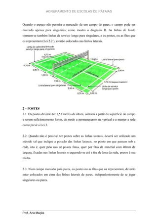 AGRUPAMENTO DE ESCOLAS DE PATAIAS

Quando o espaço não permite a marcação de um campo de pares, o campo pode ser
marcado apenas para singulares, como mostra o diagrama B. As linhas de fundo
torrnam-se também linhas de serviço longo para singulares, e os postes, ou as fitas que
os representam (Lei 2.2.), estarão colocados nas linhas laterais.

2 – POSTES
2.1. Os postes deverão ter 1,55 metros de altura, contada a partir da superfície do campo
e serem suficientemente fortes, de modo a permanecerem na vertical e a manter a rede
como prevê a Lei 3.

2.2. Quando não é possível ter postes sobre as linhas laterais, deverá ser utilizado um
método tal que indique a posição das linhas laterais, no ponto em que passam sob a
rede, isto é, quer pelo uso de postes finos, quer por fitas de material com 40mm de
largura, fixadas nas linhas laterais e erguendo-se até a tira de lona da rede, presos à sua
malha.

2.3. Num campo marcado para pares, os postes ou as fitas que os representam, deverão
estar colocados em cima das linhas laterais de pares, independentemente de se jogar
singulares ou pares.

Prof. Ana Maçãs

 