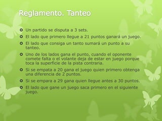  Un partido se disputa a 3 sets.
 El lado que primero llegue a 21 puntos ganará un juego.
 El lado que consiga un tanto sumará un punto a su
tanteo.
 Uno de los lados gana el punto, cuando el oponente
comete falta o el volante deja de estar en juego porque
toca la superficie de la pista contraria.
 Si se empata a 20 gana el juego quien primero obtenga
una diferencia de 2 puntos.
 Si se empara a 29 gana quien llegue antes a 30 puntos.
 El lado que gane un juego saca primero en el siguiente
juego.
 