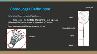 Como jogar Badminton:
Materiais utilizados nesta Modalidade:
Para esta Modalidade Desportiva, são apenas
utilizados dois instrumentos: a Raqueta e a Volante.
Estas estão constituídas da seguinte forma:
Volante
Cabeça
Pega
Cabo
Encordoamento
Armação
 