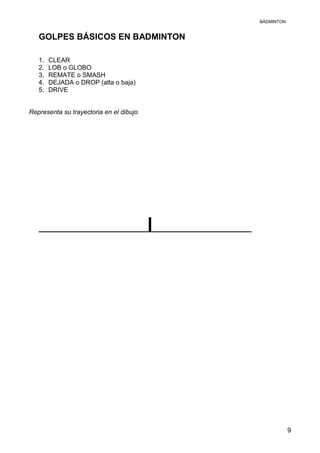 BÁDMINTON
9
GOLPES BÁSICOS EN BADMINTON
1. CLEAR
2. LOB o GLOBO
3. REMATE o SMASH
4. DEJADA o DROP (alta o baja)
5. DRIVE
Representa su trayectoria en el dibujo
 