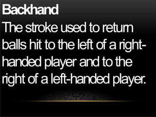 Backhand
Thestrokeusedtoreturn
ballshit totheleft of aright-
handedplayer andtothe
right of aleft-handedplayer.
 