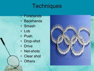 Techniques Forehands Backhands Smash Lob Push Drop-shot Drive Net-shots Clear shot Others 