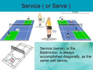Service ( or Serve ) Service (serve), in the Badminton, is always accomplished diagonally, as the same with tennis. 