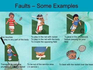 Faults – Some Examples Two touches To play in any part of the body To play in the net with racket  To play in the net with the body  To invade the opposing field To beat in the shuttlecock before passing for your field Transport, to carry the shuttlecock with the racket To be out of the service area. ( in service ) To beat with the racket over the head 
