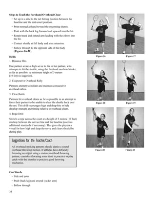 34
Steps to Teach the Forehand Overhead Clear
• Set up in a side to the net hitting position between the
baseline and the mid-court position.
• Point nonracket hand toward the oncoming shuttle.
• Push with the back leg forward and upward into the hit.
• Rotate trunk and extend arm leading with the elbow into
the hit.
• Contact shuttle at full body and arm extension.
• Follow through to the opposite side of the body
(Figures 16-21).
Drills
1. Distance Hits
One partner serves a high serve to his or her partner, who
attempts to hit the shuttle, using the forehand overhead stroke,
as far as possible. A minimum height of 3 meters
(10 feet) is suggested.
2. Cooperative Overhead Rally
Partners attempt to initiate and maintain consecutive
overhead rallies.
3. Clear Battle
Partners hit overhead clears as far as possible in an attempt to
force their partner to be unable to clear the shuttle back over
the net. This drill encourages high and deep hits to help
develop strength and timing relative to overhead clears.
4. Rope Drill
Stretch a rope across the court at a height of 3 meters (10 feet)
midway between the service line and the baseline (use two
additional standards if necessary). This gives the players a
visual for how high and deep the serve and clears should be
during play.
Cue Words
• Side and point
• Push (back leg) and extend (racket arm)
• Follow through
Figure 21
Figure 17Figure 16
Figure 20
Figure 19Figure 18
Suggestions for the Teacher/Coach
All overhead stroking patterns should depict a sound
overhead throwing motion. If athletes have difficulty
throwing an object using a mature overhead throwing
pattern, consider allocating some time in practice to play
catch with the shuttles to practice good throwing
mechanics.
 