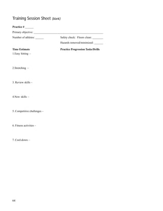 Training Session Sheet (blank)
Practice # ______
Primary objective: __________________________________________________
Number of athletes: ______ Safety check: Floors clean: ________
Hazards removed/minimized: _______
Time Estimate Practice Progression Tasks/Drills
1.Easy hitting –
2.Stretching –
3. Review skills –
4.New skills –
5. Competitive challenges –
6. Fitness activities –
7. Cool-down –
64
 