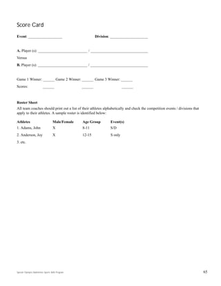 Special Olympics Badminton Sports Skills Program
Score Card
Event: __________________ Division: ____________________
A. Player (s): __________________________ / ________________________________
Versus
B. Player (s): __________________________ / ________________________________
Game 1 Winner: ______ Game 2 Winner: ______ Game 3 Winner: ______
Scores: ______ ______ ______
Roster Sheet
All team coaches should print out a list of their athletes alphabetically and check the competition events / divisions that
apply to their athletes. A sample roster is identified below:
Athletes Male/Female Age Group Event(s)
1. Adams, John X 8-11 S/D
2. Anderson, Joy X 12-15 S only
3. etc.
65
 