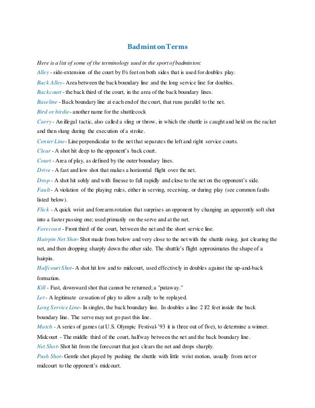 badminton terms
