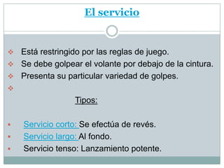El servicio


 Está restringido por las reglas de juego.
 Se debe golpear el volante por debajo de la cintura.
 Presenta su particular variedad de golpes.

                 Tipos:

   Servicio corto: Se efectúa de revés.
   Servicio largo: Al fondo.
   Servicio tenso: Lanzamiento potente.
 