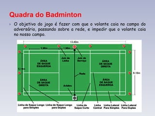 Quadra do Badminton
 O objetivo do jogo é fazer com que o volante caia no campo do
adversário, passando sobre a rede, e impedir que o volante caia
no nosso campo.
 