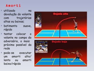 Amorti utilizado na devolução do volante com trajetórias altas ou baixas; batimento suave, rápido tentar colocar o volante no campo do adversário, o mais  próximo possível da rede pode-se  executar um amorti alto/ lento ou amorti baixo/rápido 