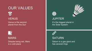 VENUS
Venus is the second
planet from the Sun
JUPITER
It’s the biggest planet in
the Solar System
MARS
Despite being red, Mars
is a cold place
SATURN
Saturn is a gas giant and
has several rings
OUR VALUES
 