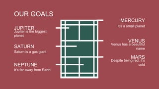OUR GOALS
MERCURY
It’s a small planet
VENUS
Venus has a beautiful
name
MARS
Despite being red, it’s
cold
JUPITER
Jupiter is the biggest
planet
SATURN
Saturn is a gas giant
NEPTUNE
It’s far away from Earth
 