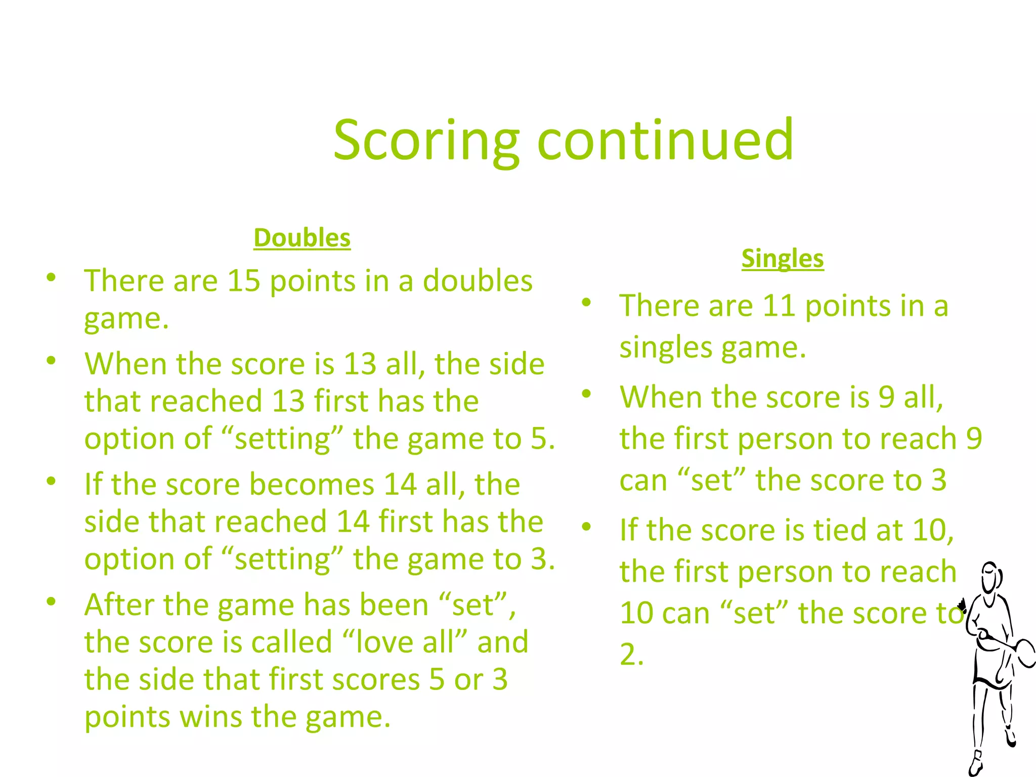 Scoring continued
Doubles

Singles

• There are 15 points in a doubles
• There are 11 points in a
game.
singles game.
• When the score is 13 all, the side
• When the score is 9 all,
that reached 13 first has the
option of “setting” the game to 5.
the first person to reach 9
can “set” the score to 3
• If the score becomes 14 all, the
side that reached 14 first has the • If the score is tied at 10,
option of “setting” the game to 3.
the first person to reach
• After the game has been “set”,
10 can “set” the score to
the score is called “love all” and
2.
the side that first scores 5 or 3
points wins the game.

 